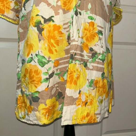 Isaac Mizrahi Live! Linen Blend Floral Dress Yellow Roses Size L Boho Tunic - Picture 6 of 8